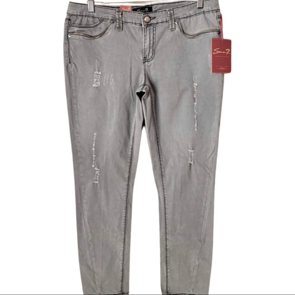 NWT SEVEN7 Distressed Zipper Embellished Grey Skinny Jeans Gray Size 12P